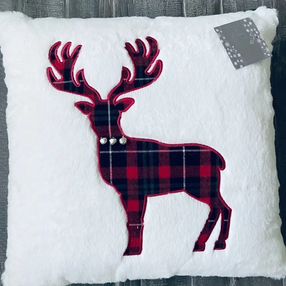 Christmas Reindeer Plaid Deer Faux Fur Throw Pillow